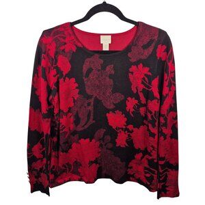 Chicos Sweater Womens M Red Knit Pullover Long Sleeve Top Floral Casual Chicos 1